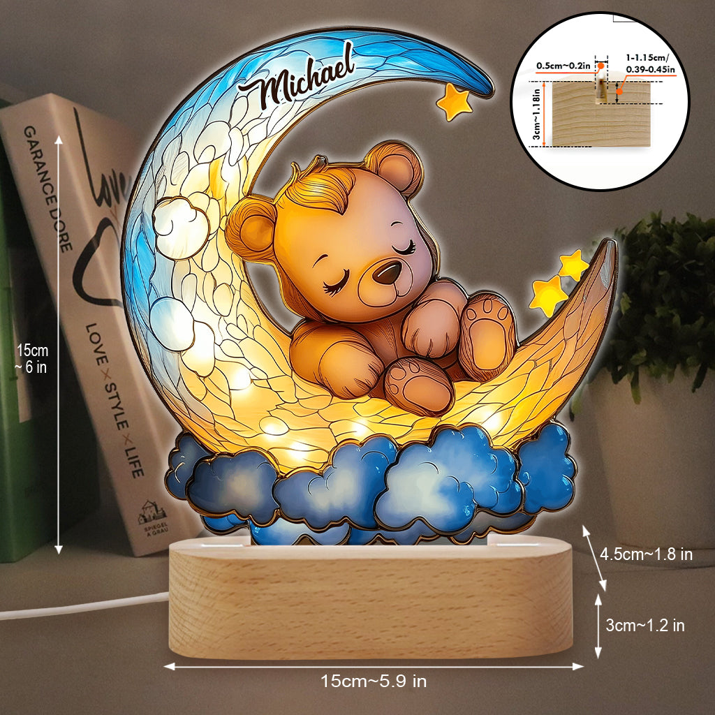 Cute Bear On Crescent Moon - Personalized Kid Shaped Plaque Light Base