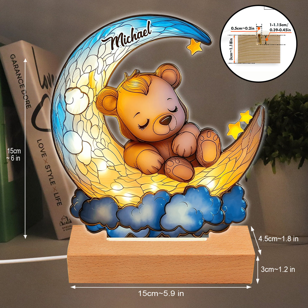 Cute Bear On Crescent Moon - Personalized Kid Shaped Plaque Light Base