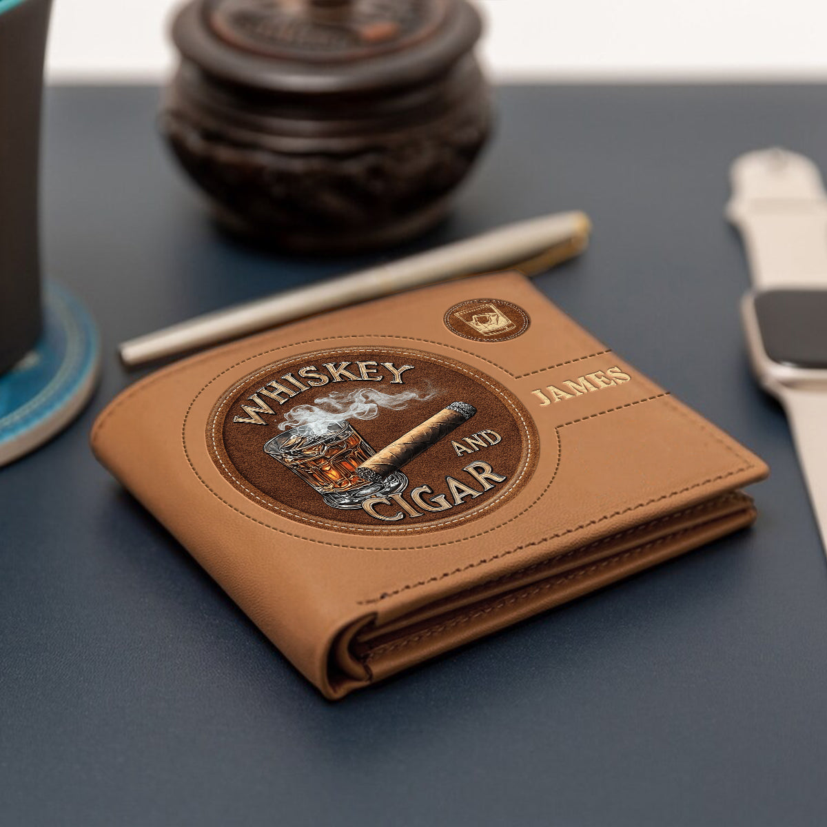 Whiskey And Cigar - Personalized Whisky Leather Wallet