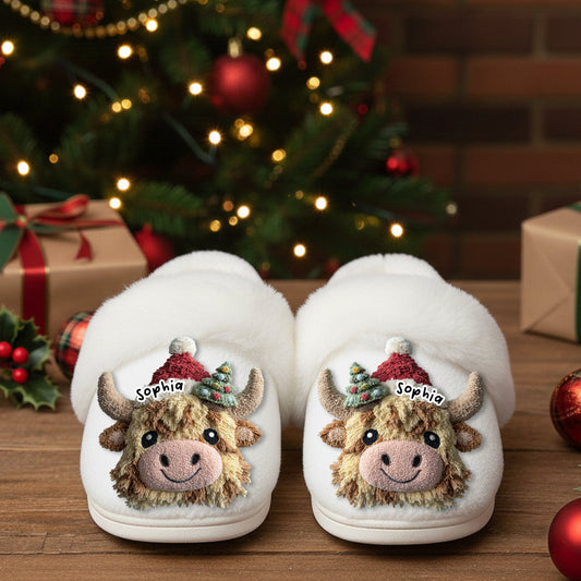 Cute Highland Cow - Personalized Highland Cow Slippers With Fur Lining