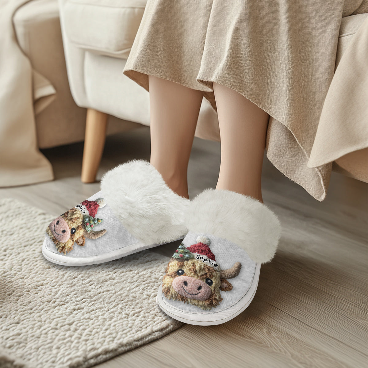 Cute Highland Cow - Personalized Highland Cow Slippers With Fur Lining