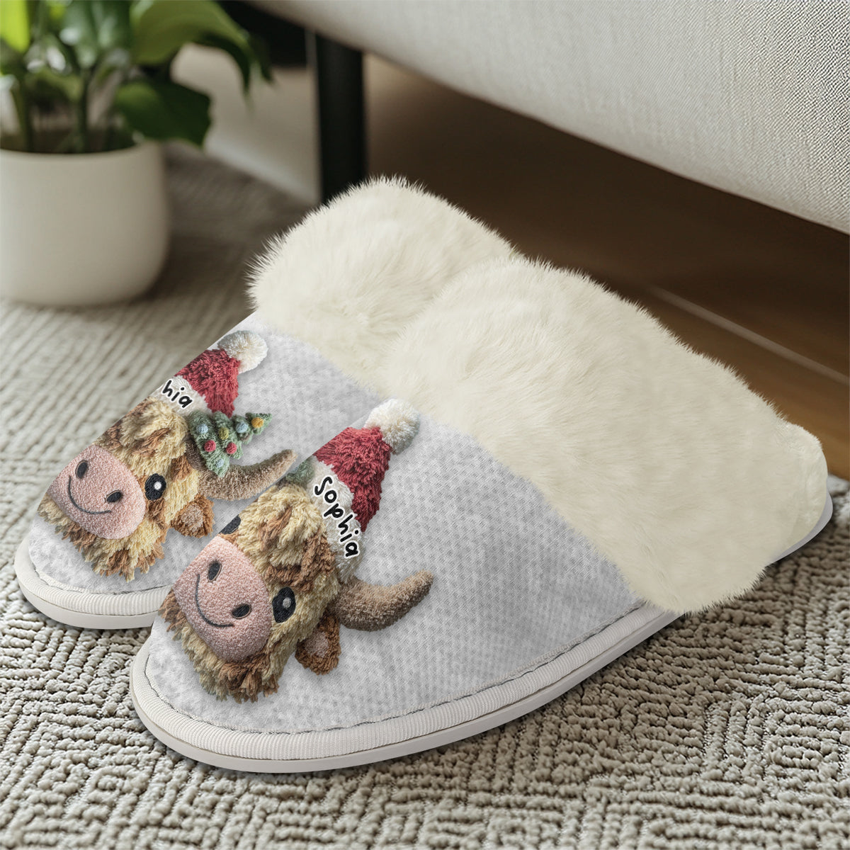 Cute Highland Cow - Personalized Highland Cow Slippers With Fur Lining