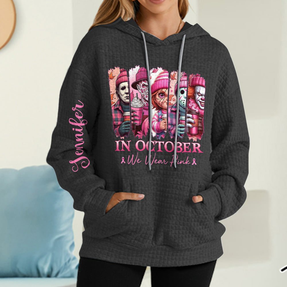 In October We Wear Pink Horror - Personalized Breast Cancer Awareness Waffle Hoodie
