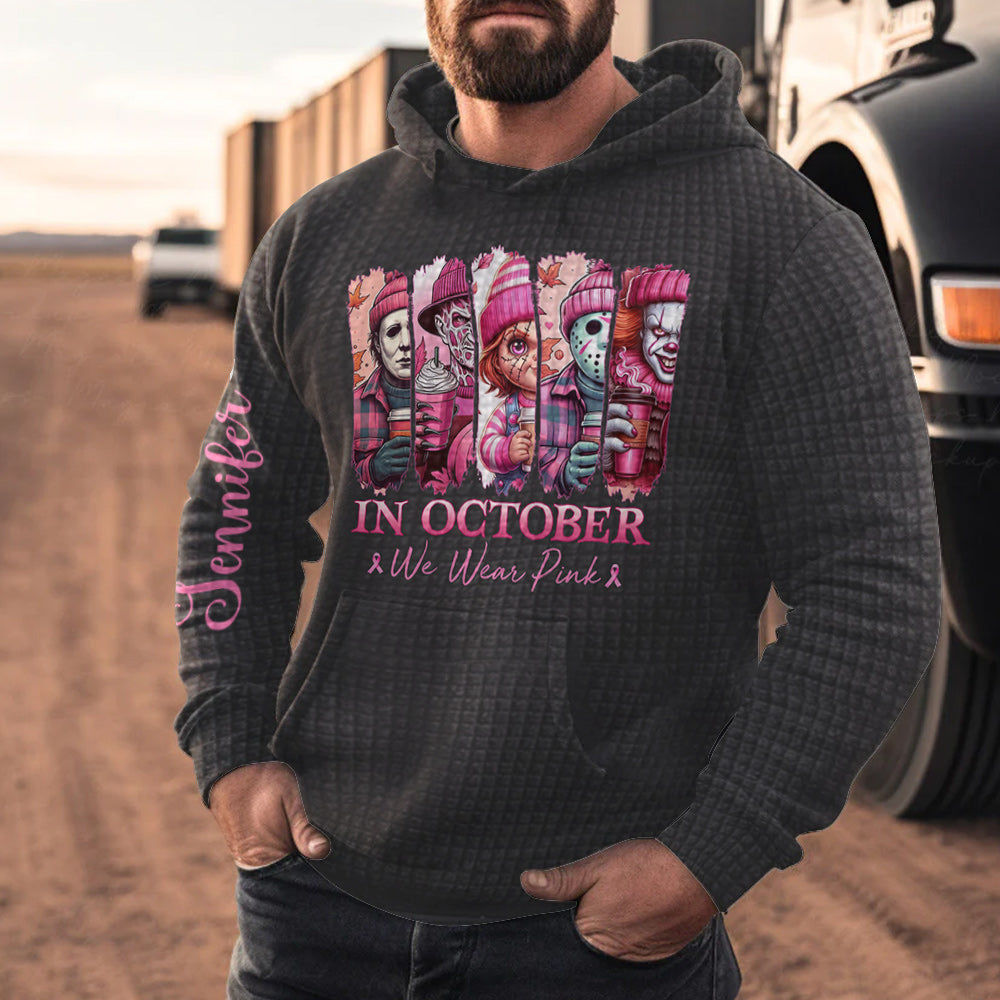 In October We Wear Pink Horror - Personalized Breast Cancer Awareness Waffle Hoodie