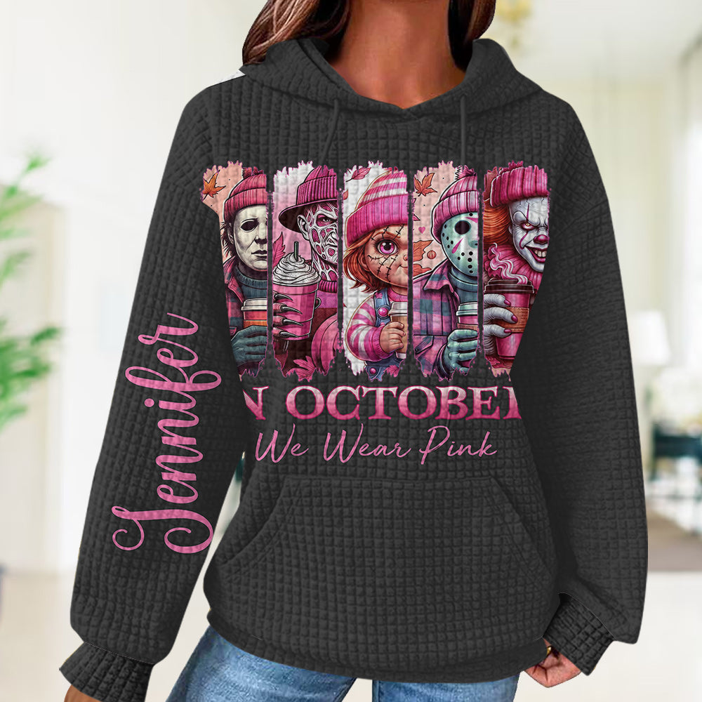 In October We Wear Pink Horror - Personalized Breast Cancer Awareness Waffle Hoodie