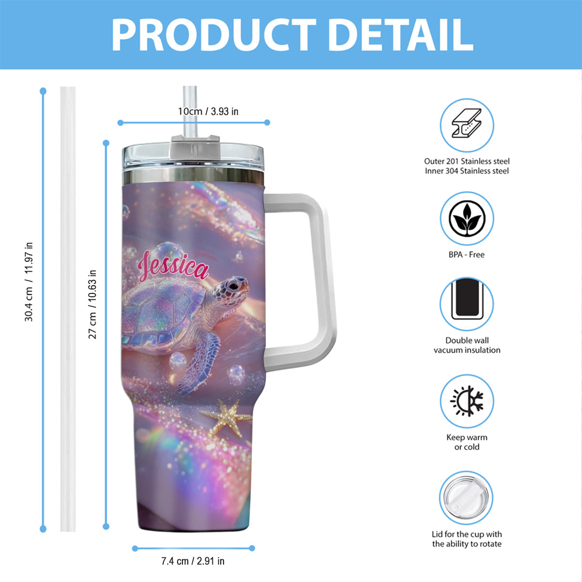 Sparkling Turtle - Personalized Turtle Tumbler With Handle