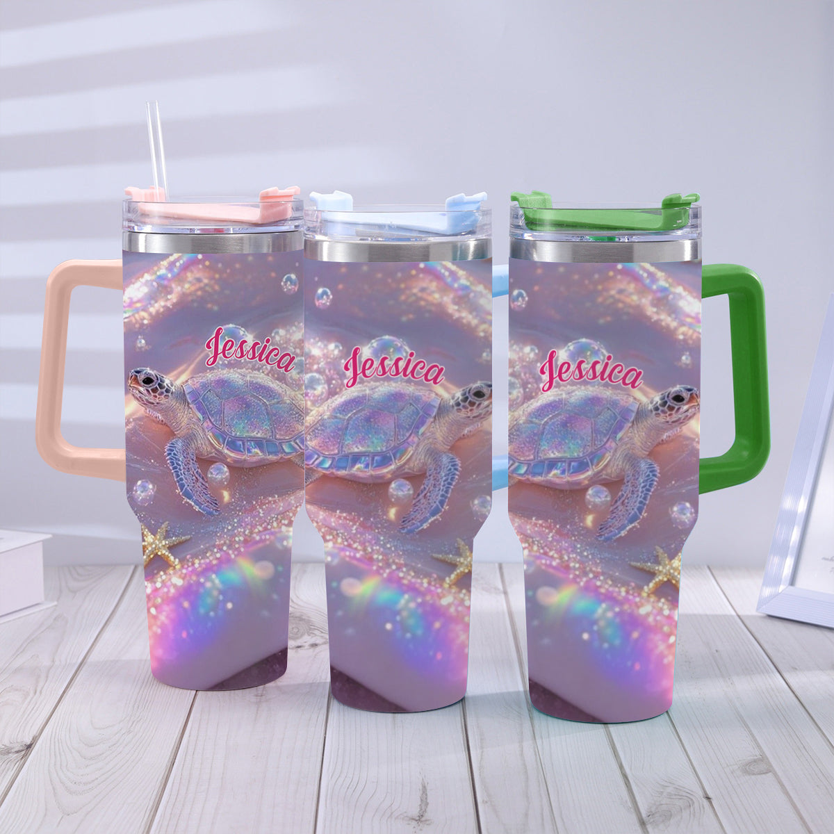 Sparkling Turtle - Personalized Turtle Tumbler With Handle
