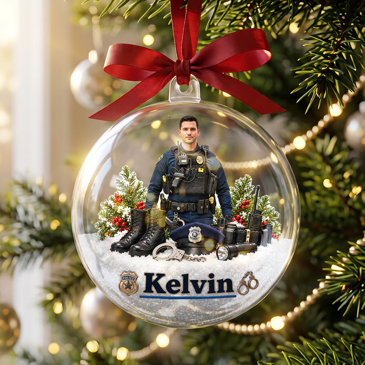 Merry Christmas - Personalized Police Officer Acrylic Ball Ornament