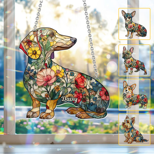 Floral Dogs - Personalized Dog Window Hanging Suncatcher Ornament