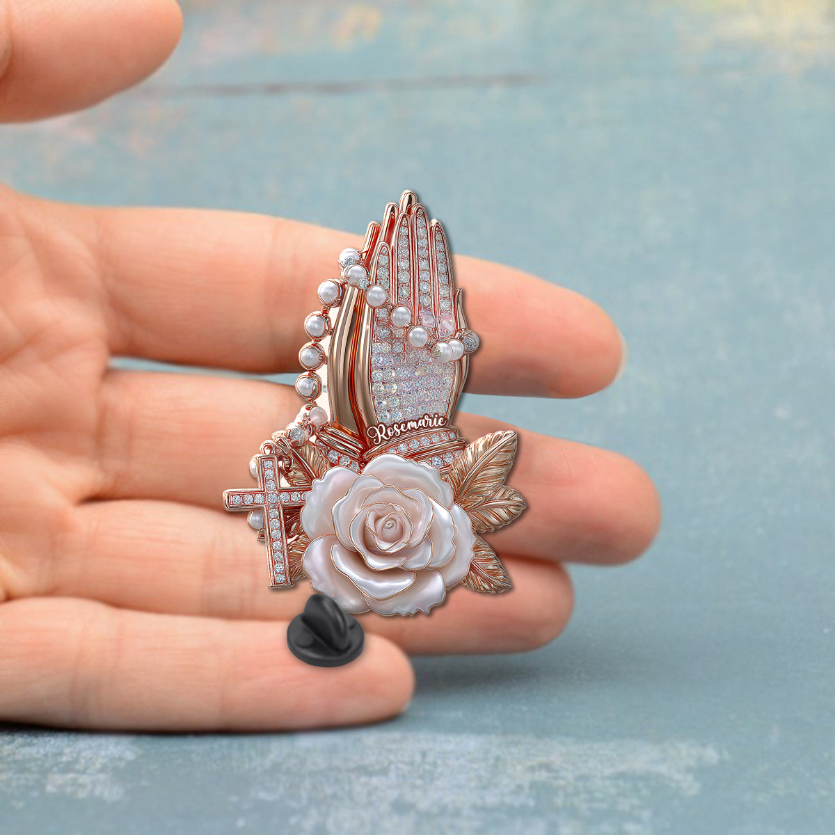 Praying Hands With Roses - Personalized Christian Pin