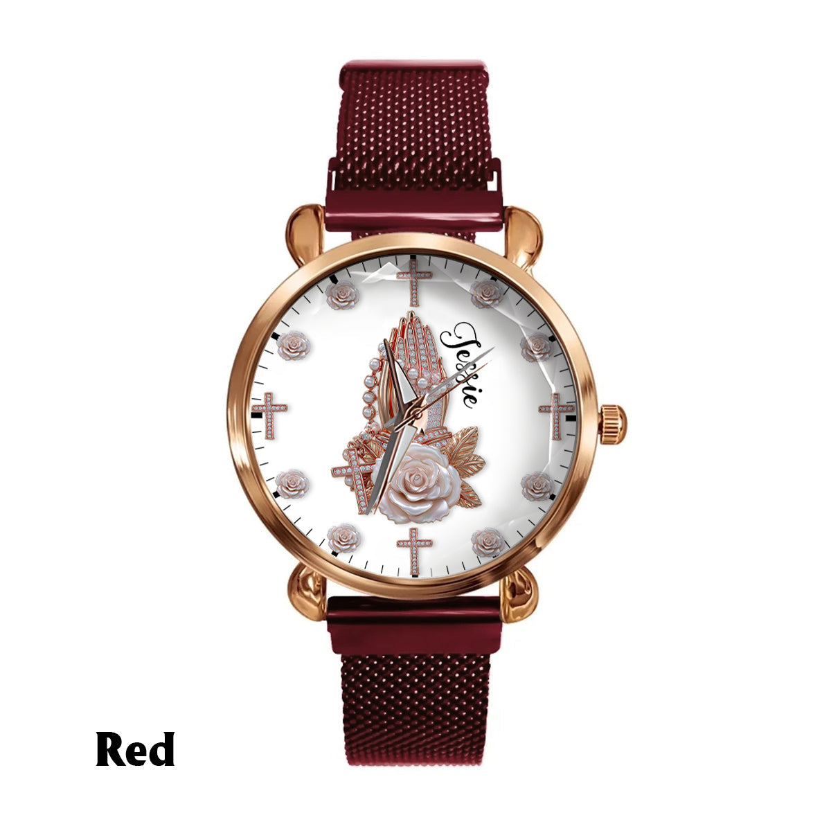 Praying Hands With Roses - Personalized Christian Women Hand Watch