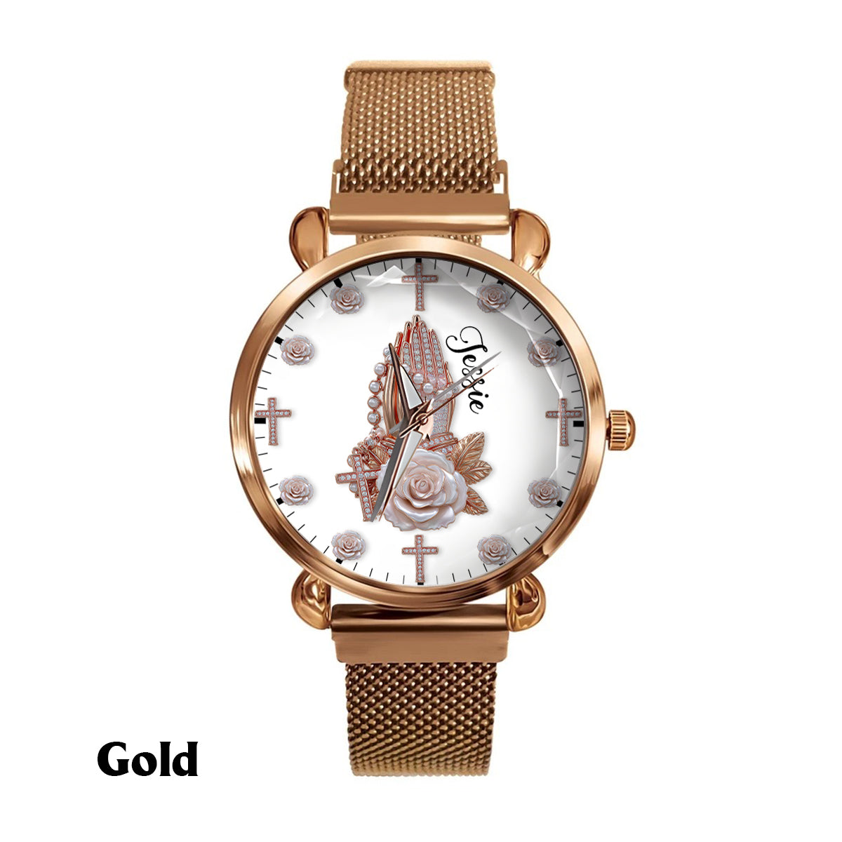 Praying Hands With Roses - Personalized Christian Women Hand Watch