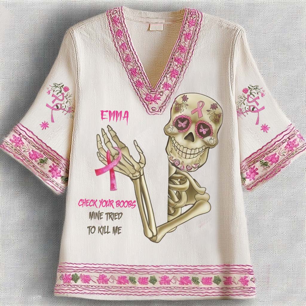 Check Your B, Mine Tried To Kill Me - Personalized Breast Cancer Awareness Fully Printed V-Neck T-Shirt