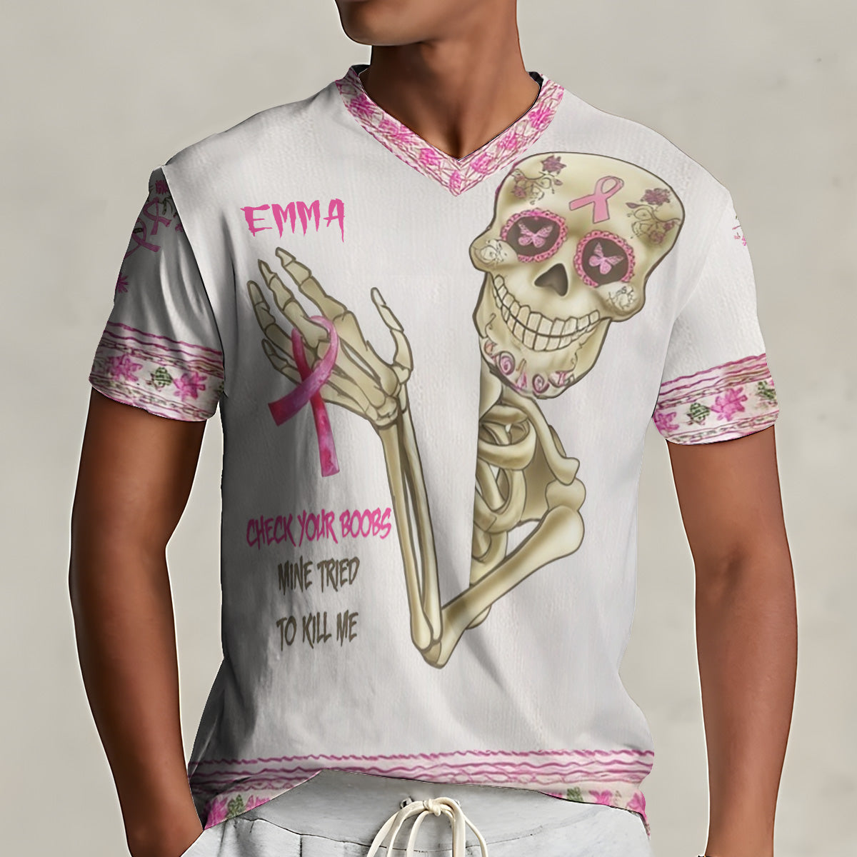 Check Your B, Mine Tried To Kill Me - Personalized Breast Cancer Awareness Fully Printed V-Neck T-Shirt