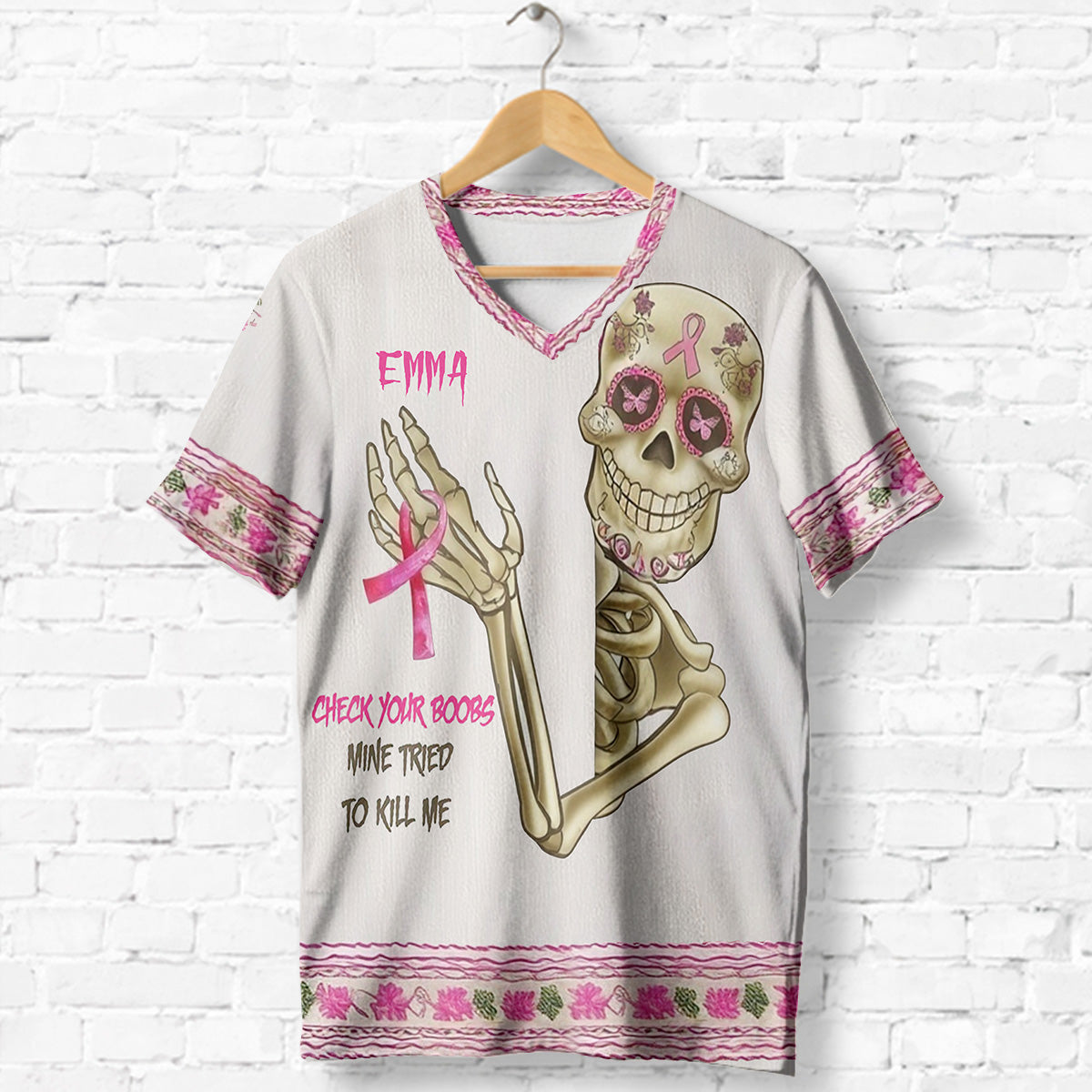 Check Your B, Mine Tried To Kill Me - Personalized Breast Cancer Awareness Fully Printed V-Neck T-Shirt