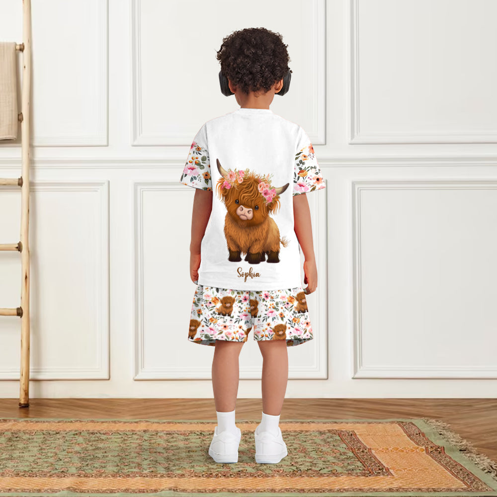 Floral Highland Cow - Personalized Highland Cow Kid T-shirt & Shorts