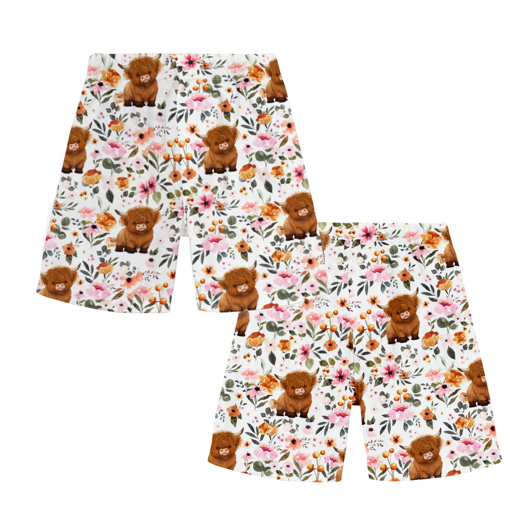 Floral Highland Cow - Personalized Highland Cow Kid T-shirt & Shorts