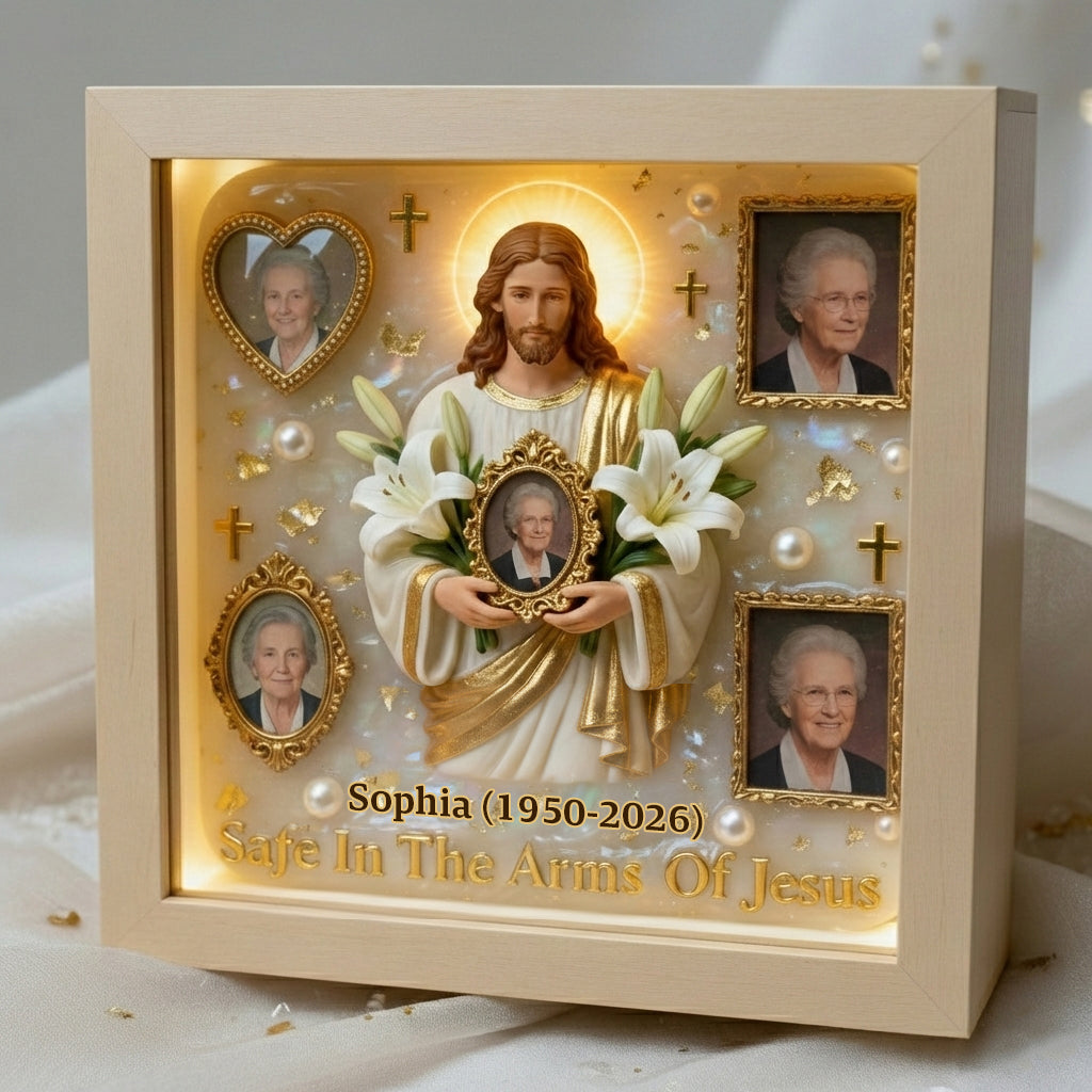 Save In The Arms Of Jesus - Personalized Memorial Wooden Frame LED Light