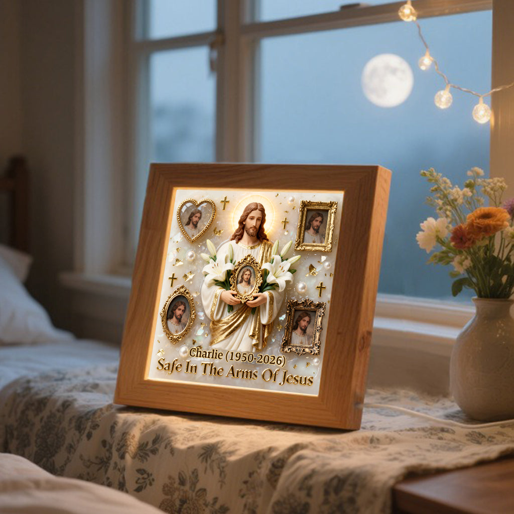 Save In The Arms Of Jesus - Personalized Memorial Wooden Frame LED Light