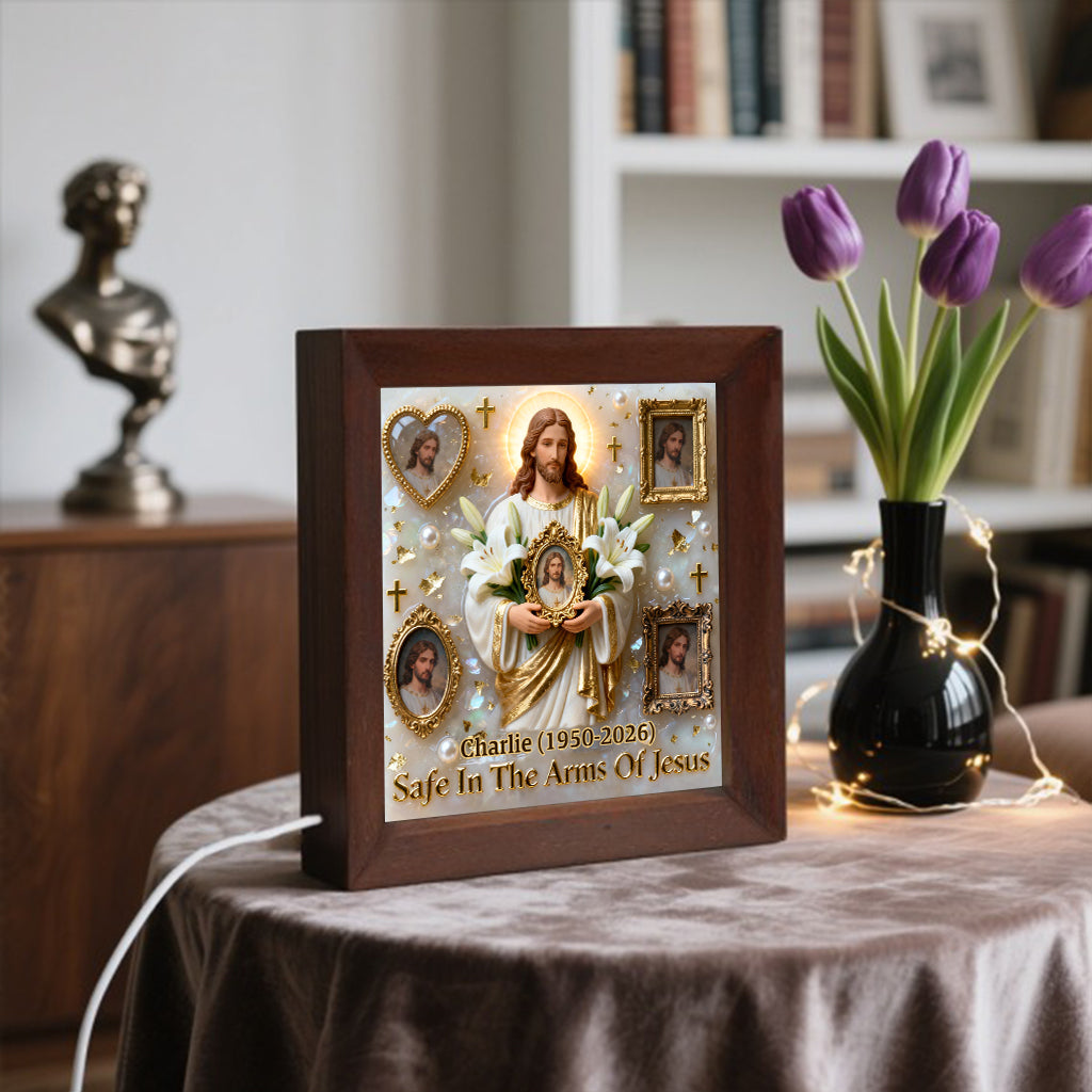 Save In The Arms Of Jesus - Personalized Memorial Wooden Frame LED Light