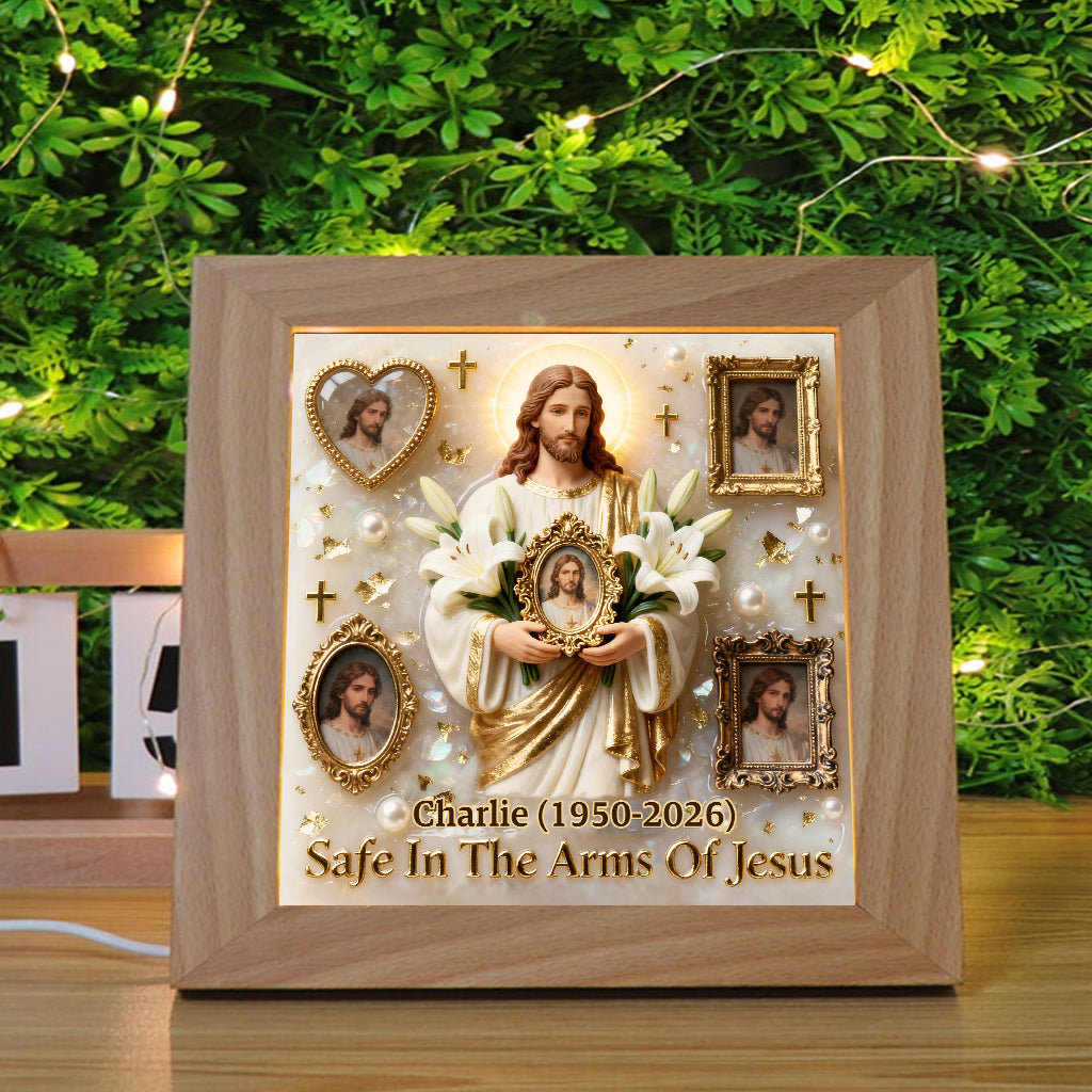 Save In The Arms Of Jesus - Personalized Memorial Wooden Frame LED Light