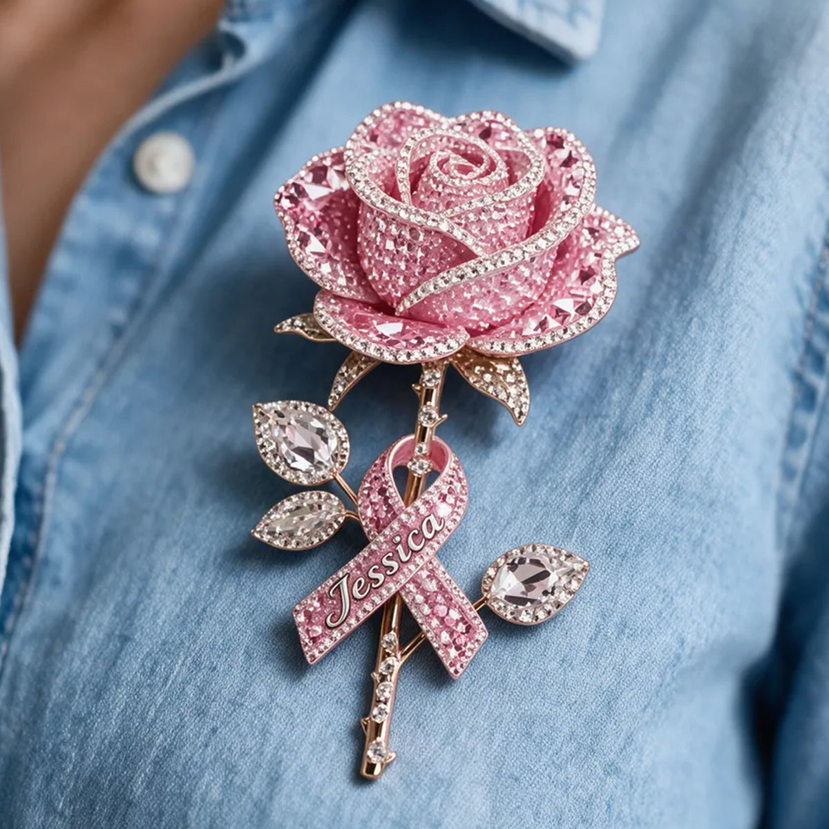 Strong Like A Rose With Thorns - Personalized Breast Cancer Awareness 3D Embossed Enamel Pin