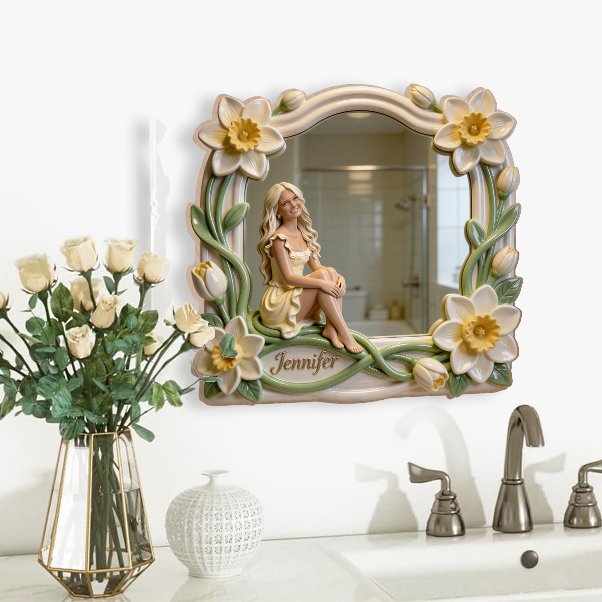 Custom Any Photo And Flower - Personalized Self Love Wall Hanging Mirror