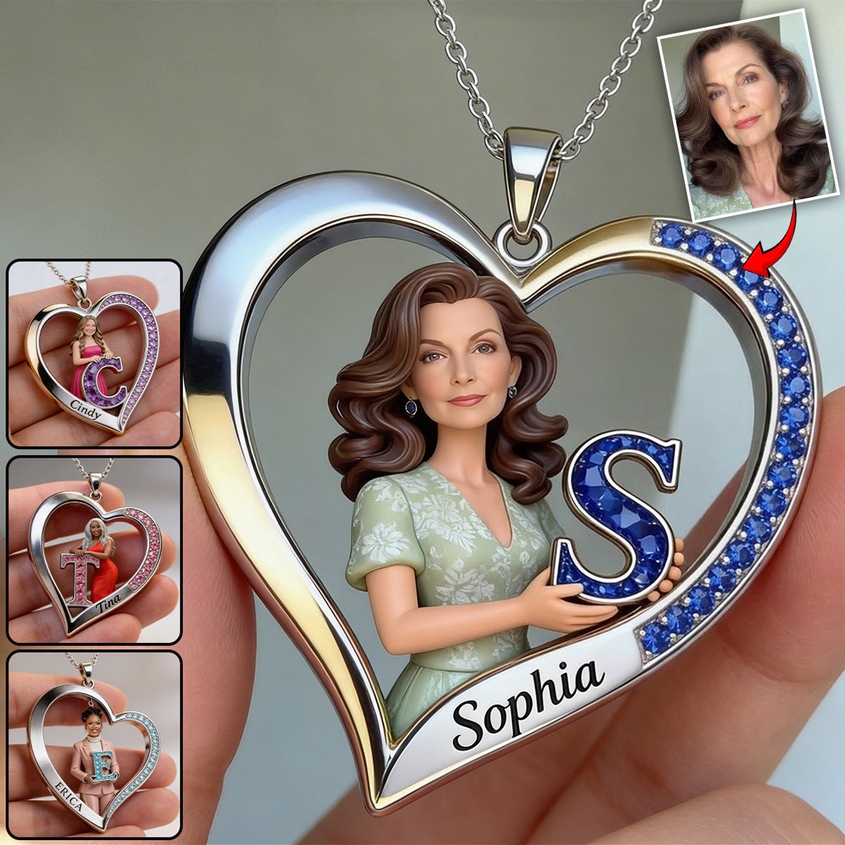 Custom Any Photo Birthstone Style Initial Name Letter - Personalized Birth Stone Shaped Metal Pendant Necklace