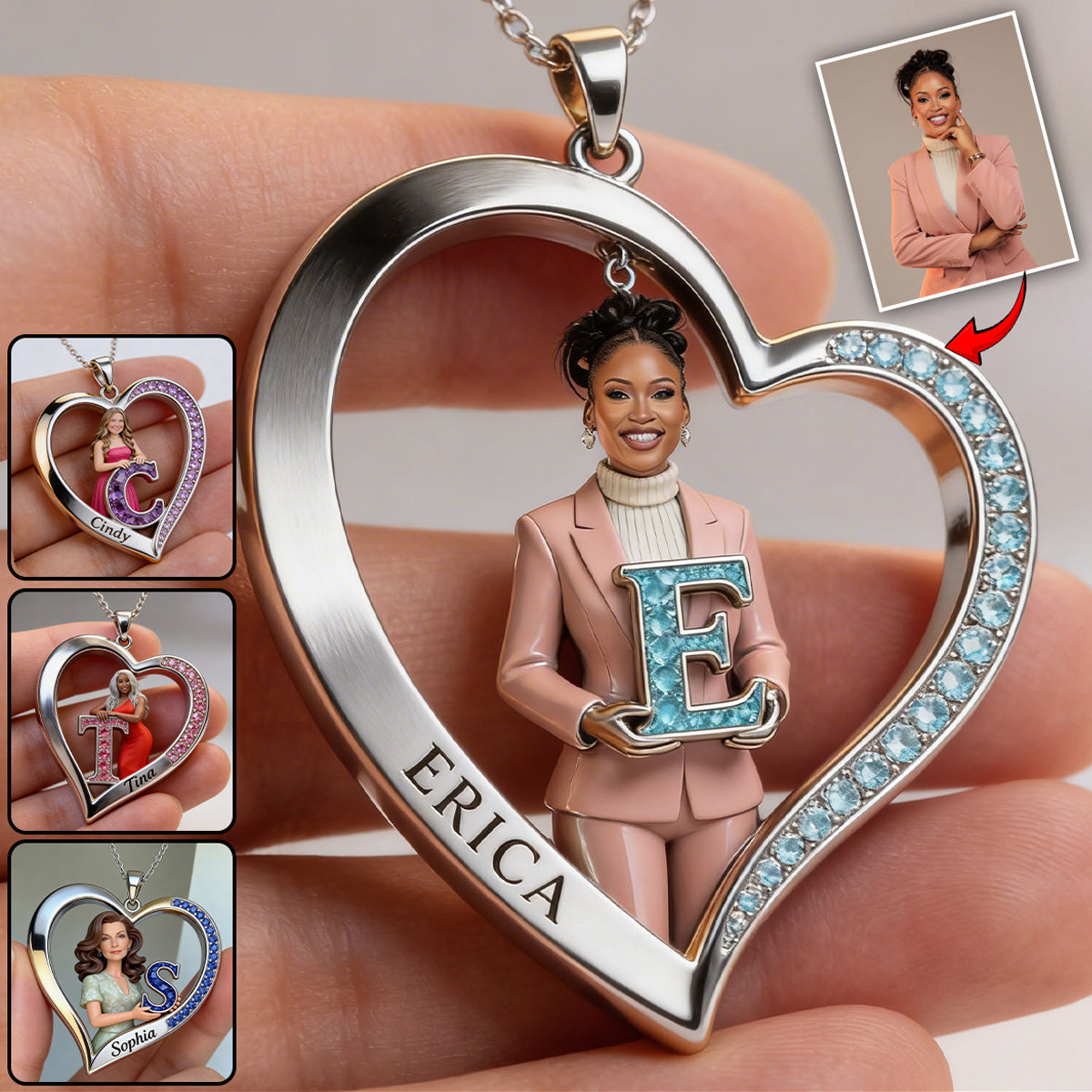 Custom Any Photo Birthstone Style Initial Name Letter - Personalized Birth Stone Shaped Metal Pendant Necklace