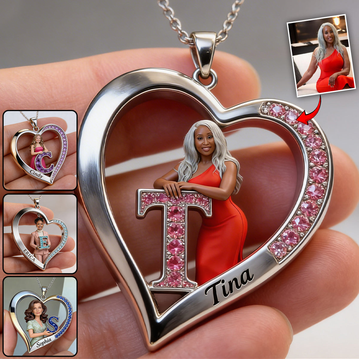 Custom Any Photo Birthstone Style Initial Name Letter - Personalized Birth Stone Shaped Metal Pendant Necklace