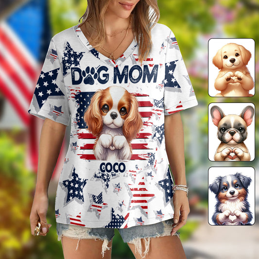 Patriot Dog Mom - Personalized Dog Fully Printed V-Neck T-Shirt