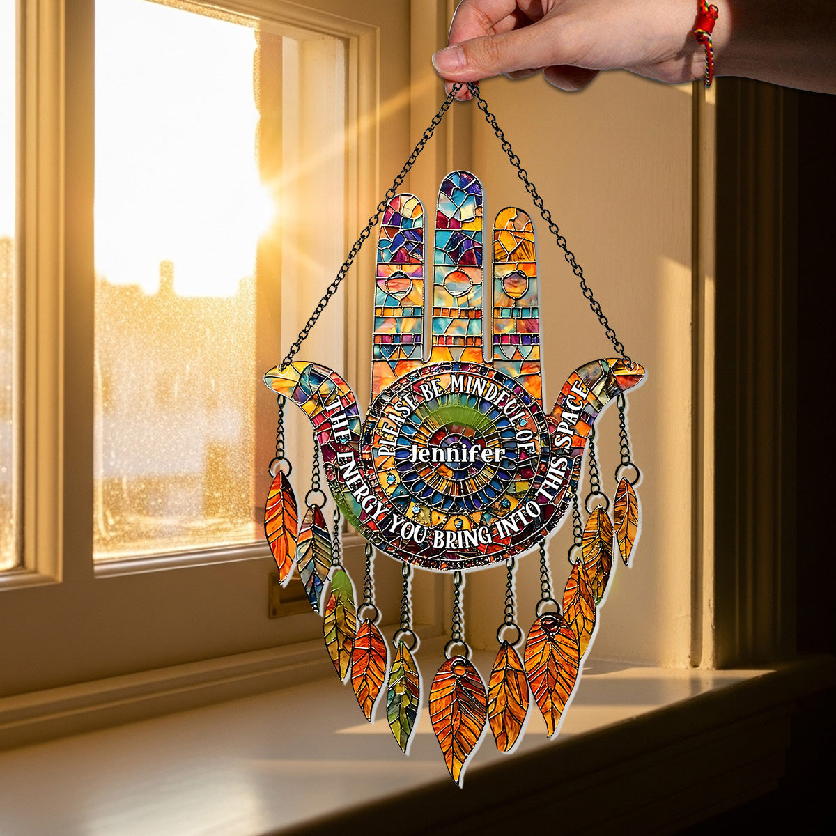 Please Be Mindful - Personalized Yoga Window Hanging Suncatcher With Charms
