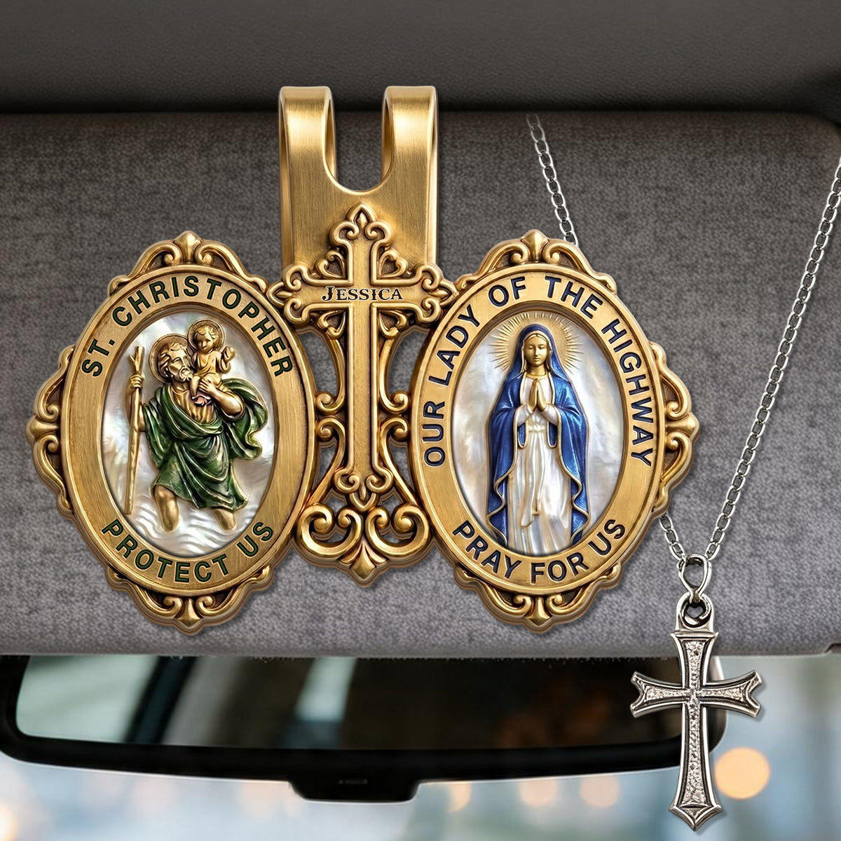 Protecting And Pray For Us - Personalized Christian Shaped Car Visor Clip