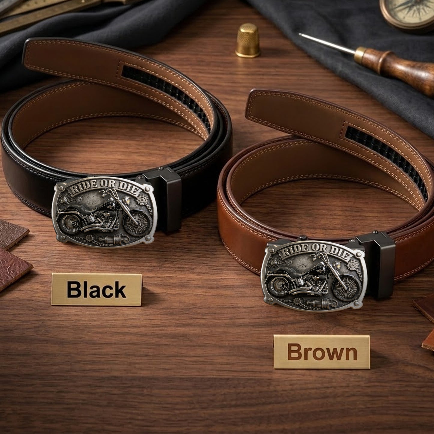 Custom From Any Photo - Personalized Biker Leather Belt With Shaped Buckle