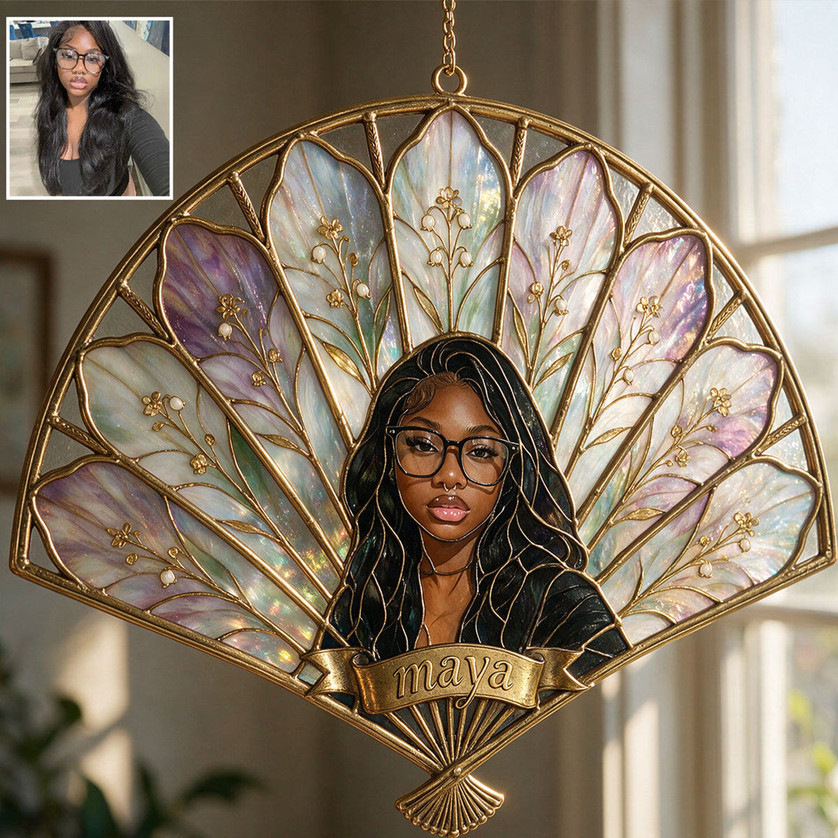 Elegant Floral Fan Glass Ornament - Personalized Self Love 3D Printed Glass Suncatcher