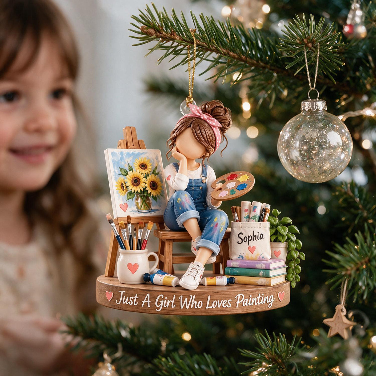 Personalized Christmas Girl Painter Ornament, Little Artist Gift for Daughter