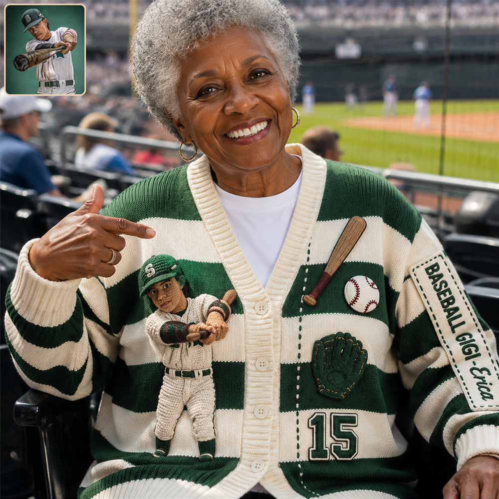 Any Photo Baseball Mama/Grandma - Personalized Baseball Cardigan Sweater