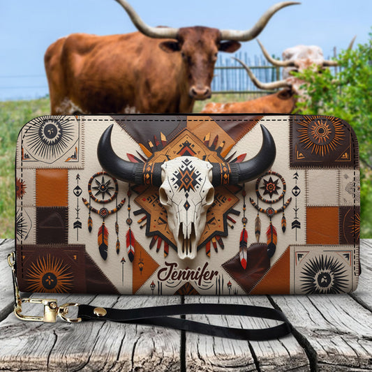 Native Bull Skull - Personalized Hunting Leather Long Wallet