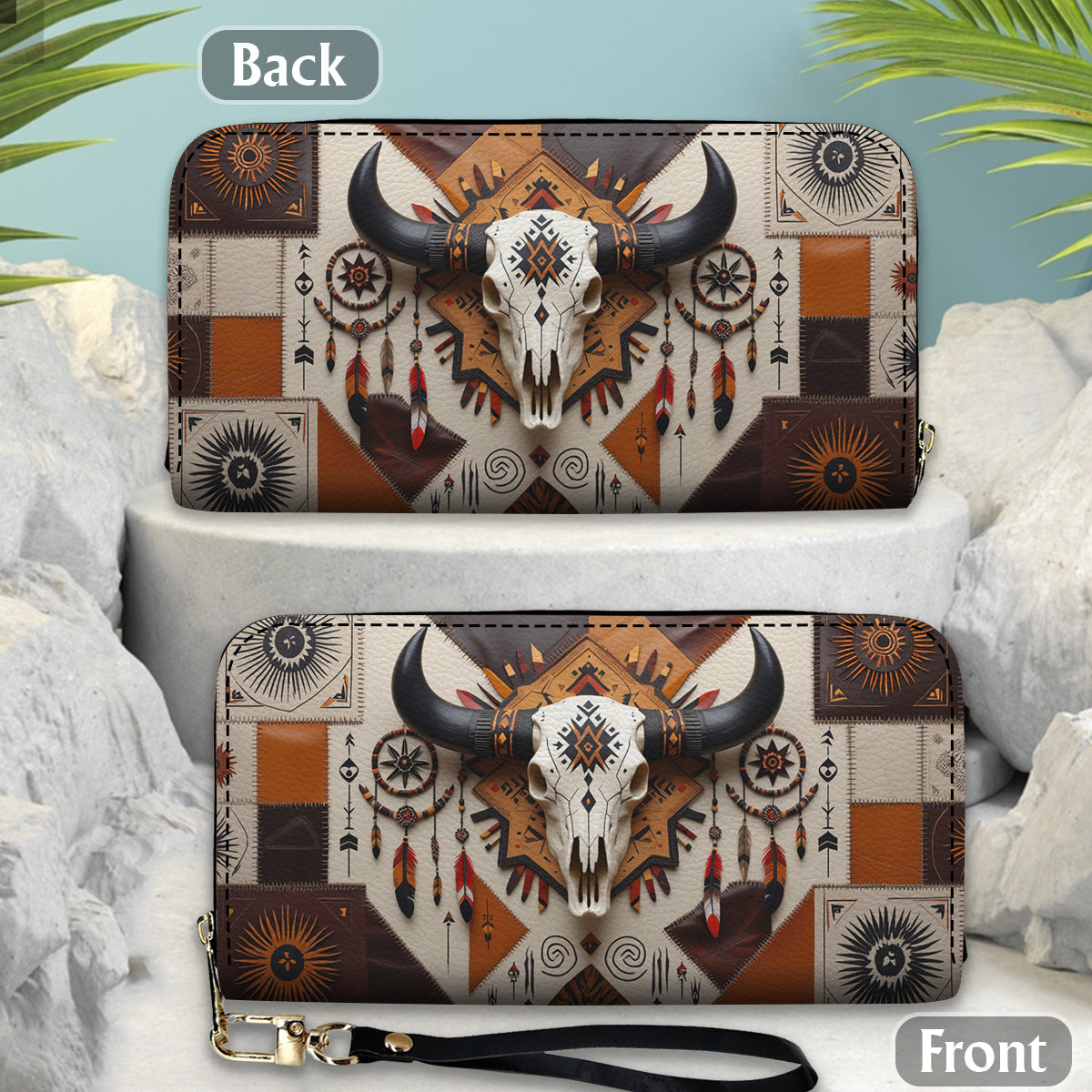 Native Bull Skull - Personalized Hunting Leather Long Wallet