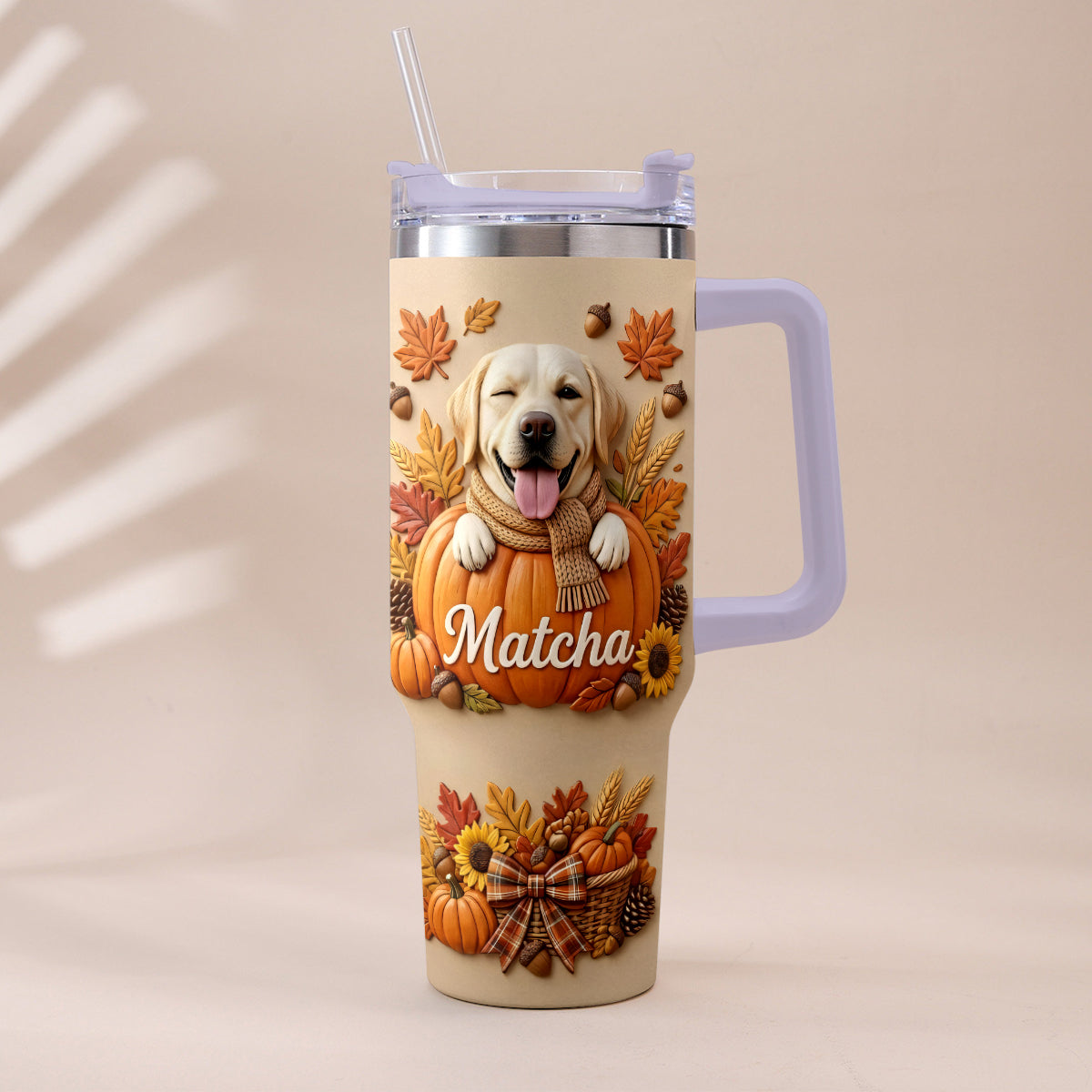 Autumn Snuggles Pumpkin Paws - Personalized Dog Tumbler With Plush Charm