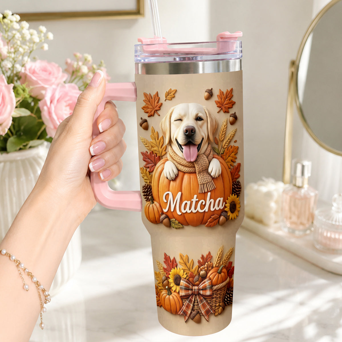 Autumn Snuggles Pumpkin Paws - Personalized Dog Tumbler With Plush Charm