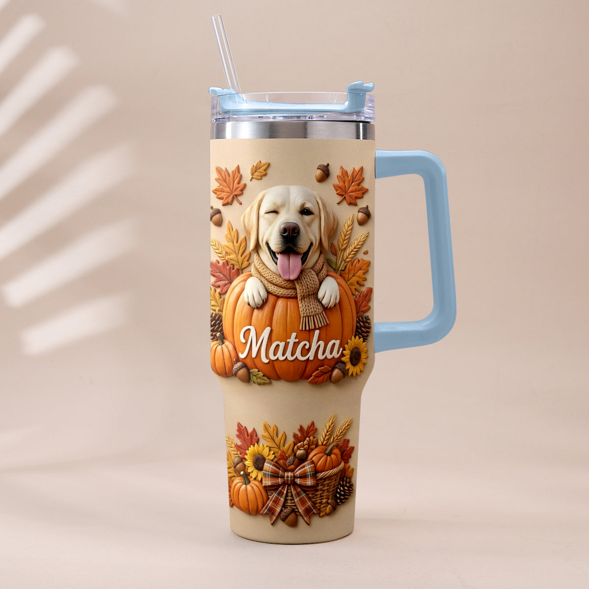 Autumn Snuggles Pumpkin Paws - Personalized Dog Tumbler With Plush Charm