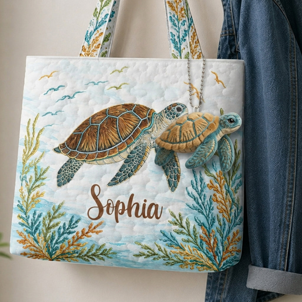 Sea Turtle Set Bag With Charm - Personalized Turtle Quilted Tote Bag With Plush Charm