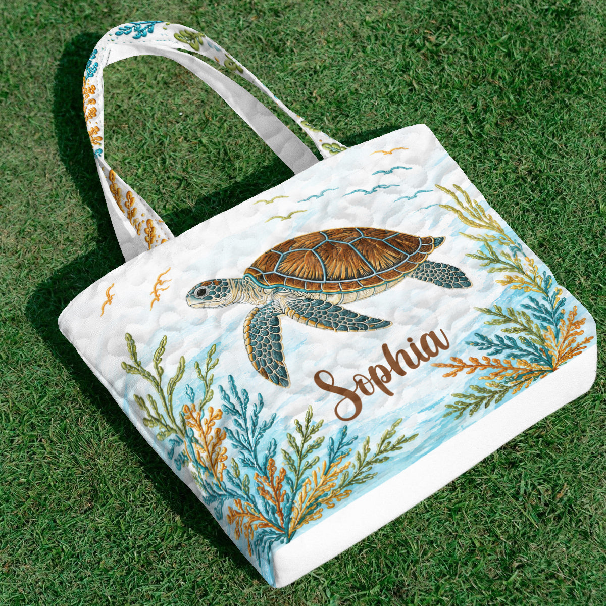 Sea Turtle Set Bag With Charm - Personalized Turtle Quilted Tote Bag With Plush Charm