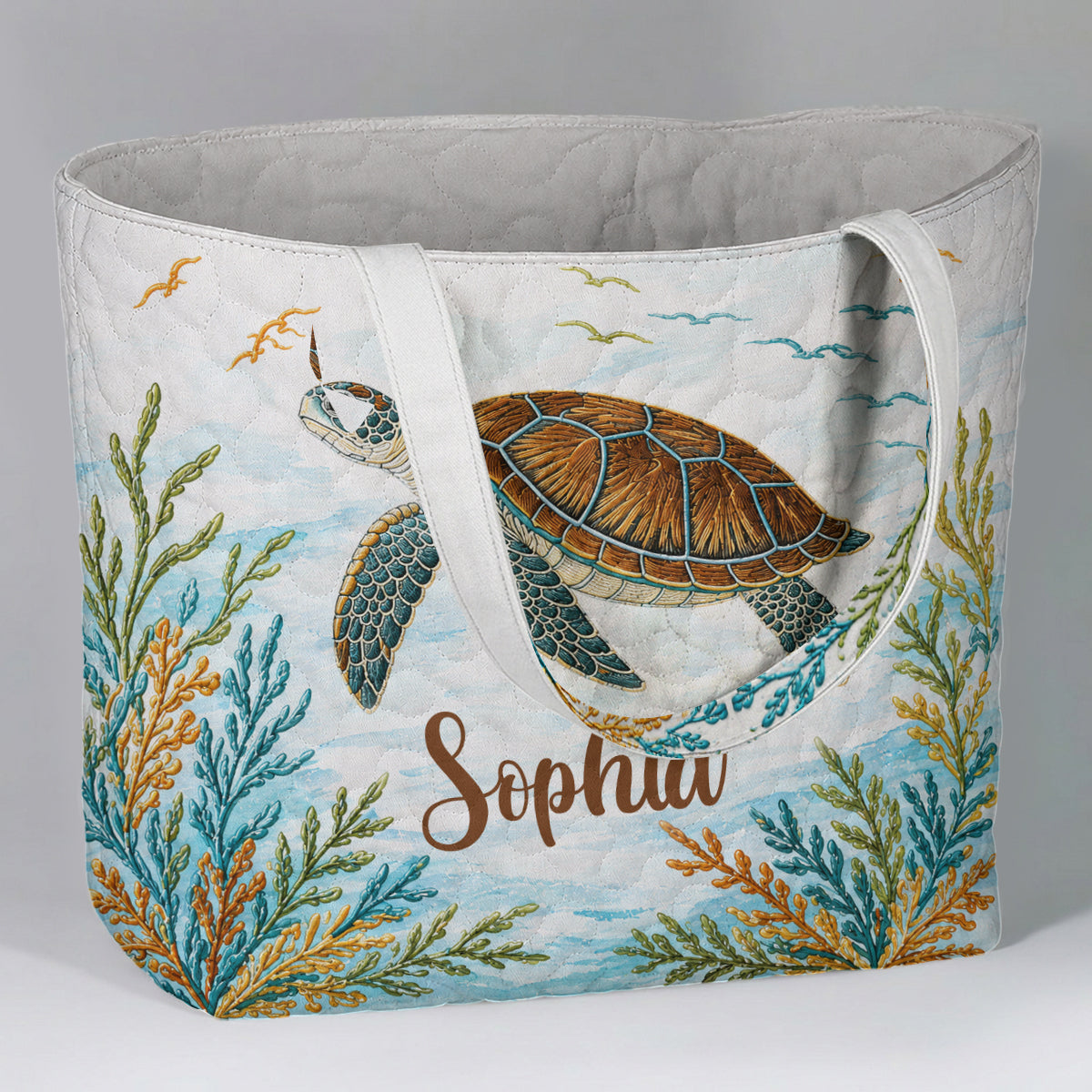 Sea Turtle Set Bag With Charm - Personalized Turtle Quilted Tote Bag With Plush Charm