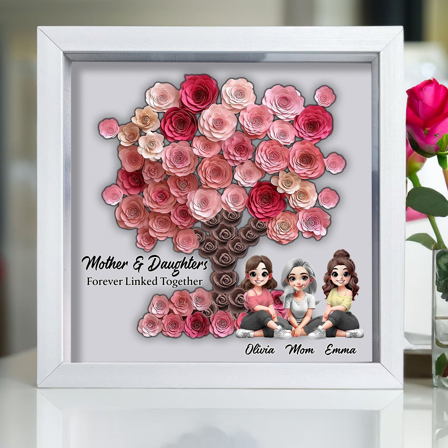 Mother and Daughter Forever Linked Together - Personalized Mother Custom Shaped Flower Shadow Box
