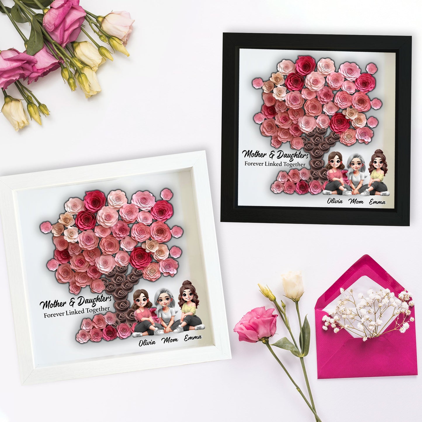 Mother and Daughter Forever Linked Together - Personalized Mother Custom Shaped Flower Shadow Box