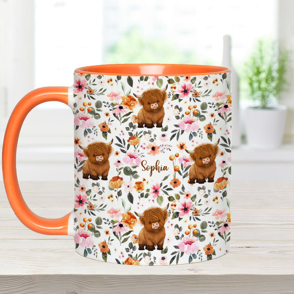 Floral Highland Cow - Personalized Highland Cow Accent Mug