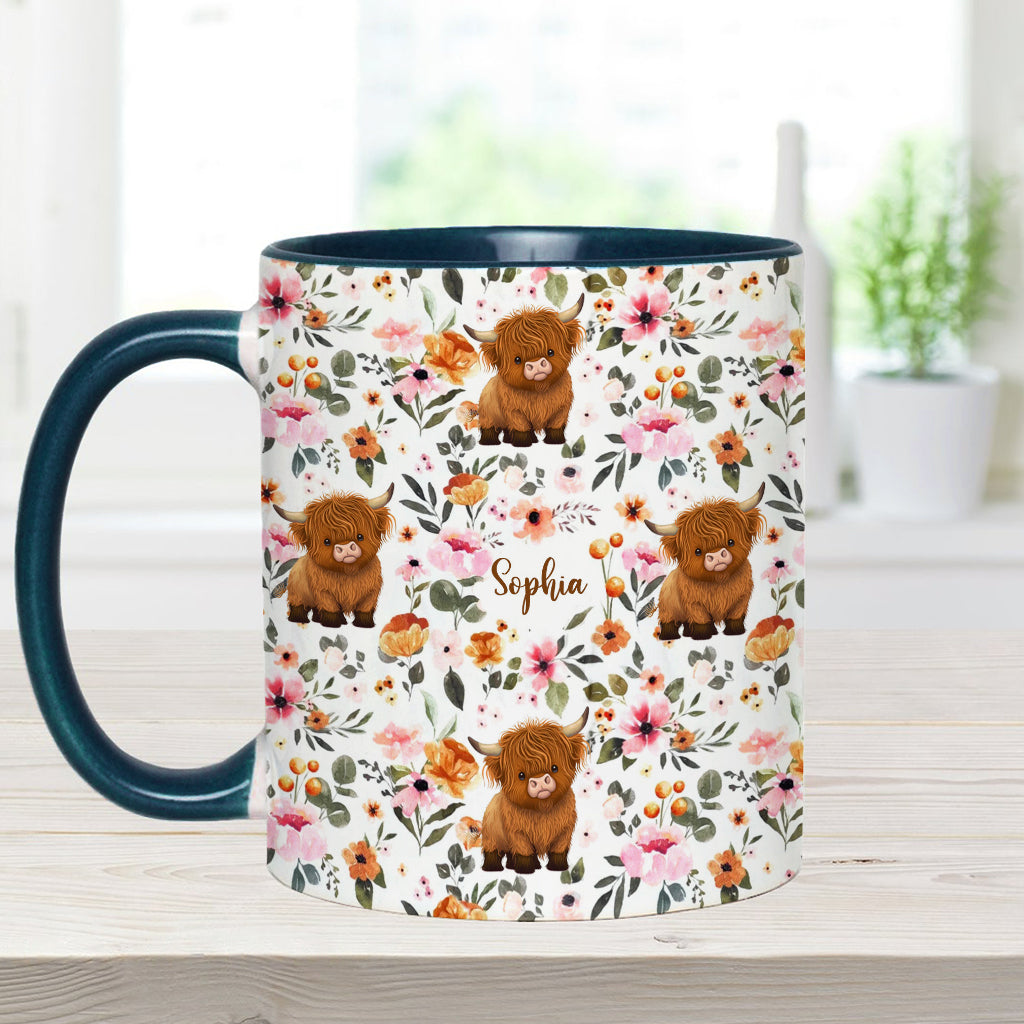 Floral Highland Cow - Personalized Highland Cow Accent Mug