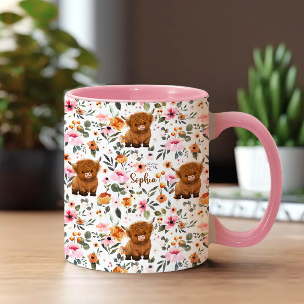 Floral Highland Cow - Personalized Highland Cow Accent Mug